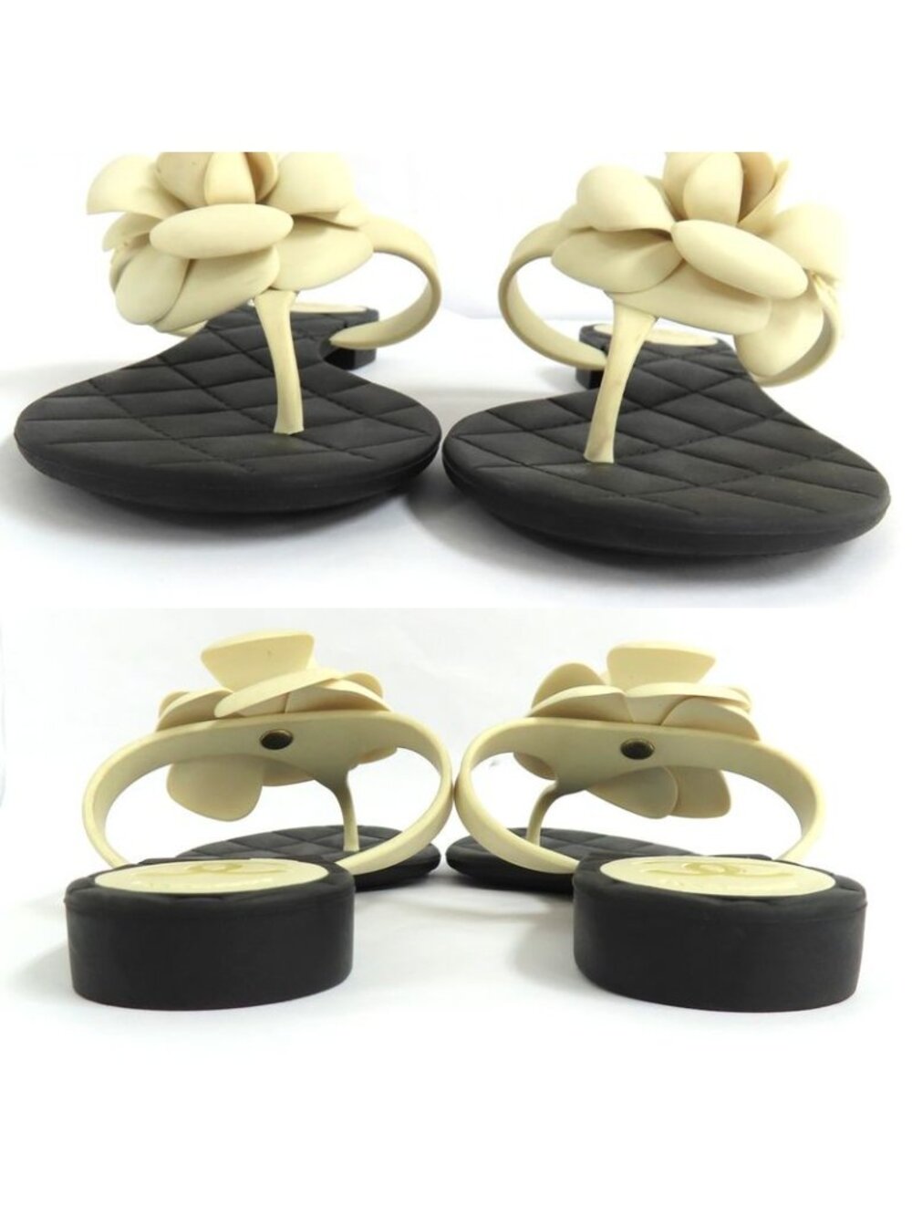 Chanel Camellia Beach Sandals Flat Heel 35 Black White Rubber Thong - Picture 5 of 11